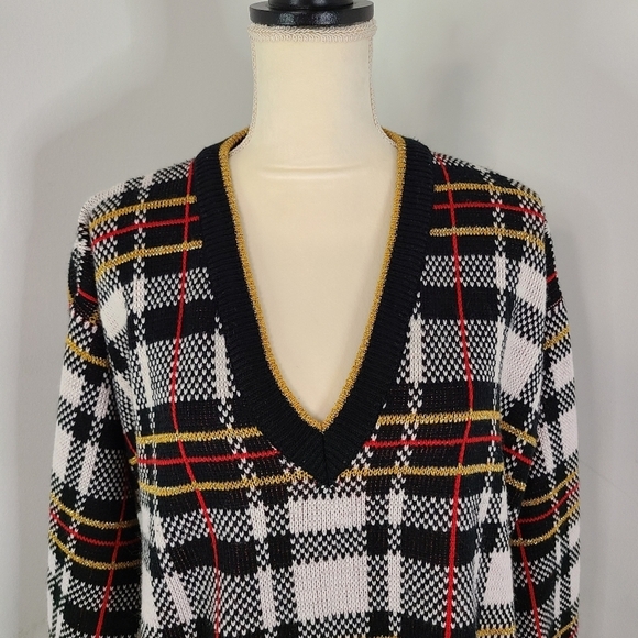 VTG Midnight Blues Metallic Plaid V Neck Sweater MED 90's Academia Relaxed Retro - Picture 4 of 10
